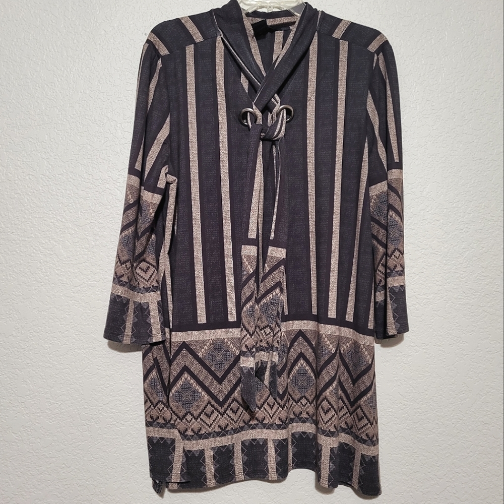 Ali Miles Boho Print Tunic Top Print XL Brown Wearable Art drapey mature